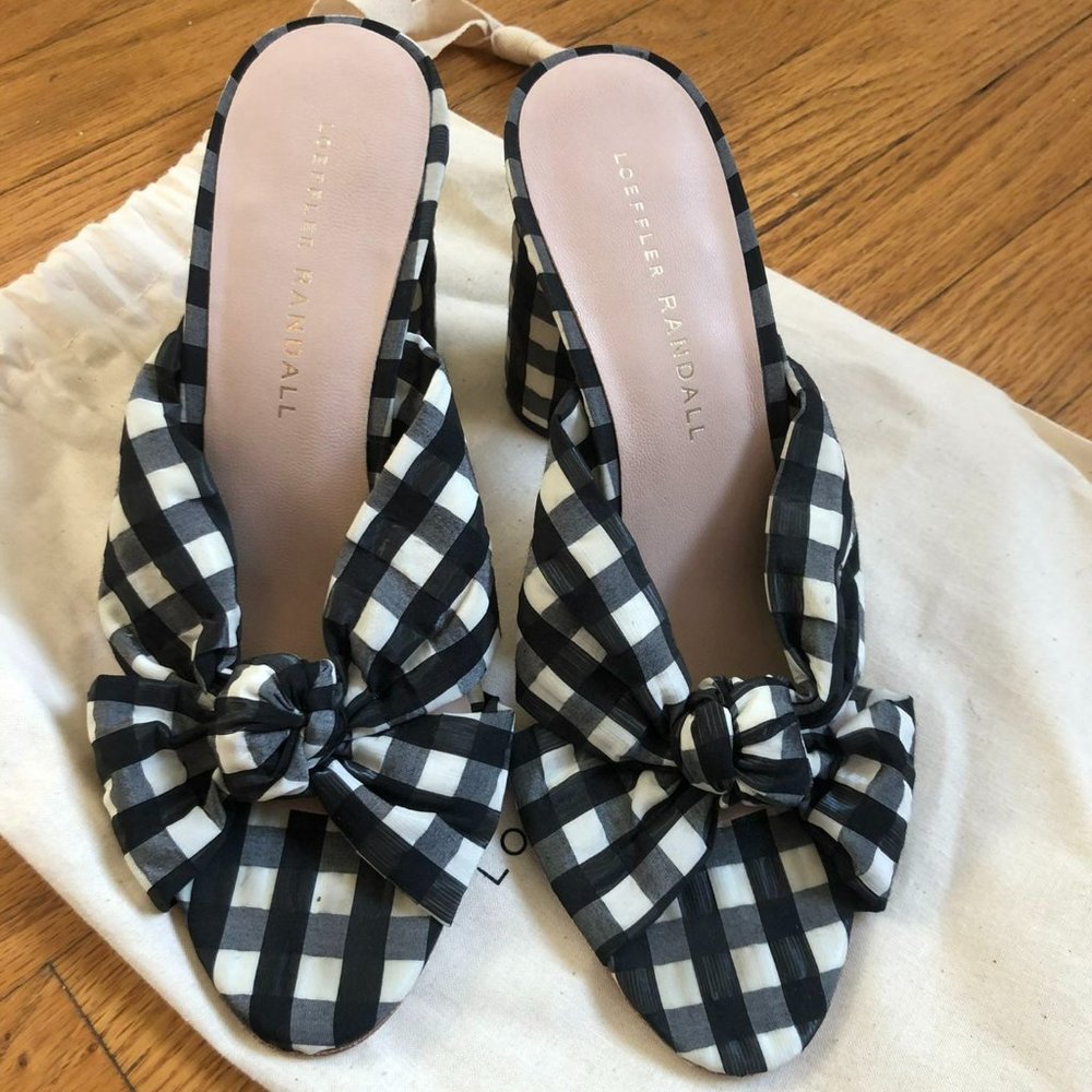 Loeffler Randall cute lack & white gingham print women heels 6 Size